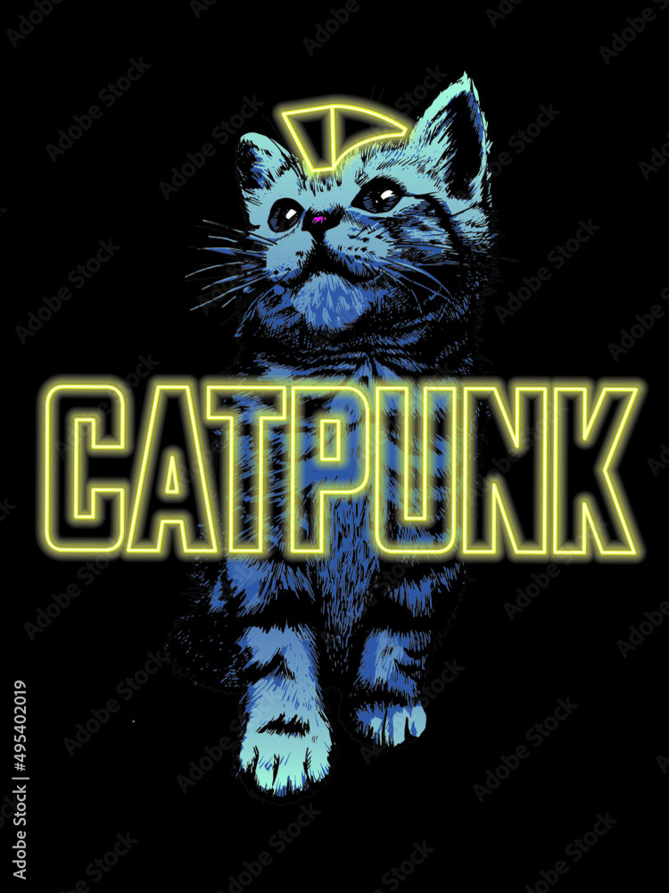 Cat with a mohawk and neon glowing text catpunk . Vector illustration.