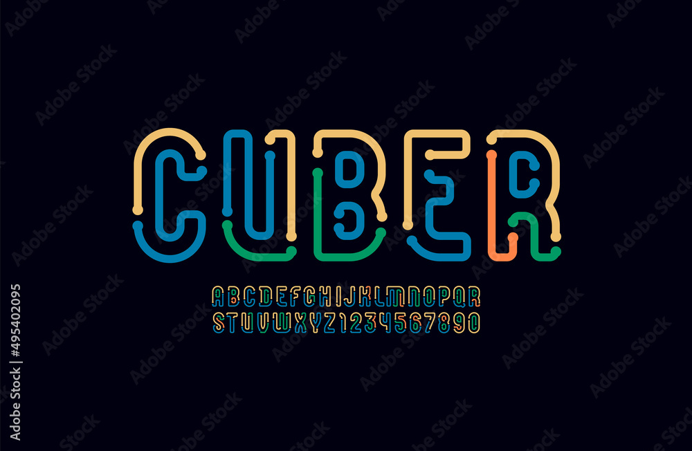 Obraz premium Digital font, tech alphabet, technology letters and numbers made of segments and parts of wire of different colors