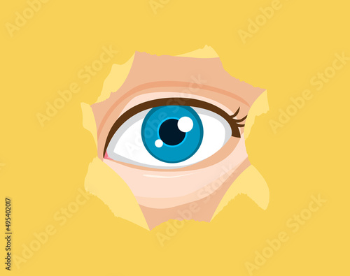 Spy eye watching through hole on yellow background