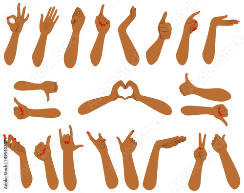 Set of forearm hands of female African ethnicity human in different action gestures