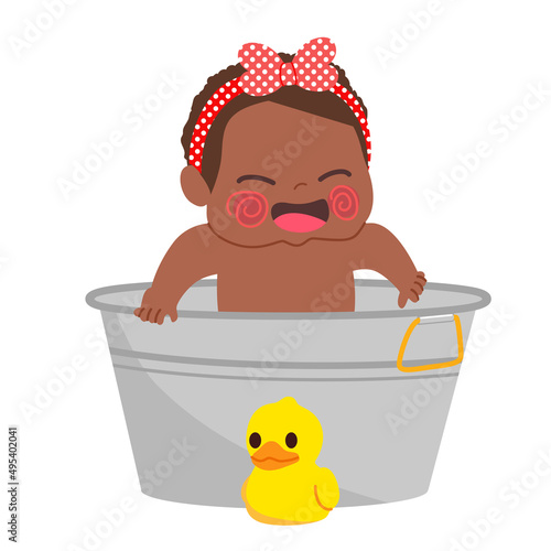 Happy little cute kid girl sitting in bath tub playing in bathroom. Hygiene children lifestyle concept