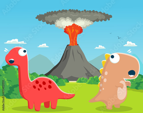 Dinosaurs scared fleeing from volcanic eruption