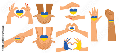 Collection of different hands making various poses with Ukraine flag heart