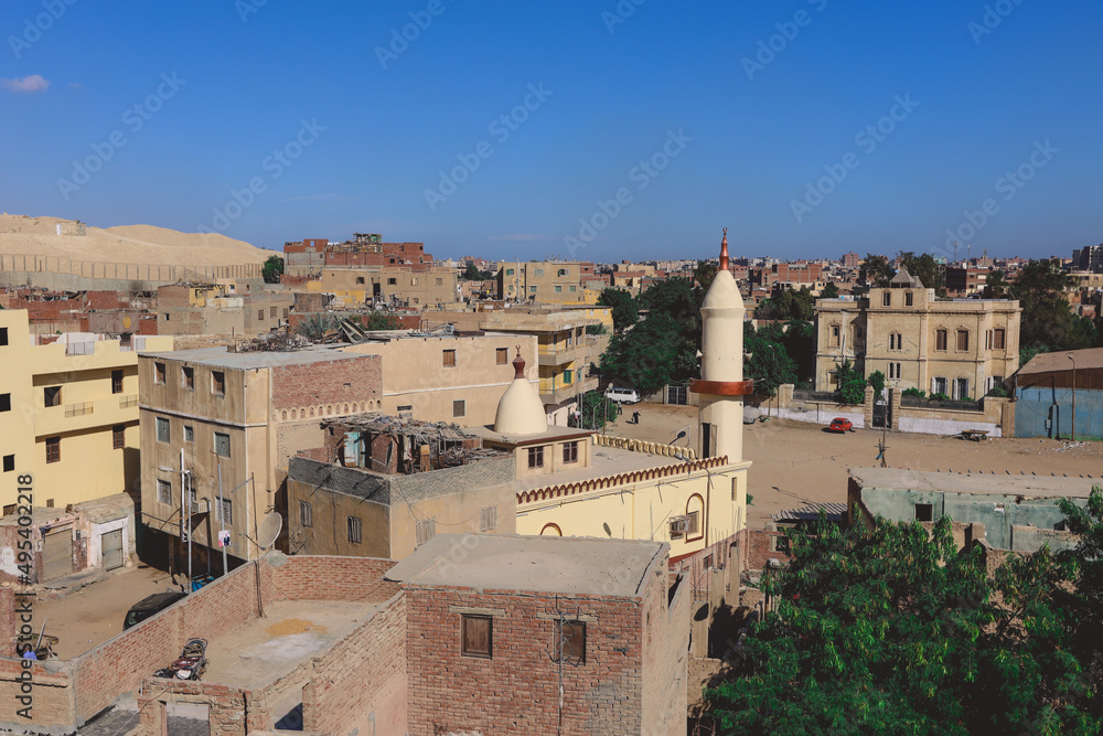 Panoramic View to the Blue Sky and Roofs of the Houses and Buildings of the Local Egyptian People in Giza, Egypt