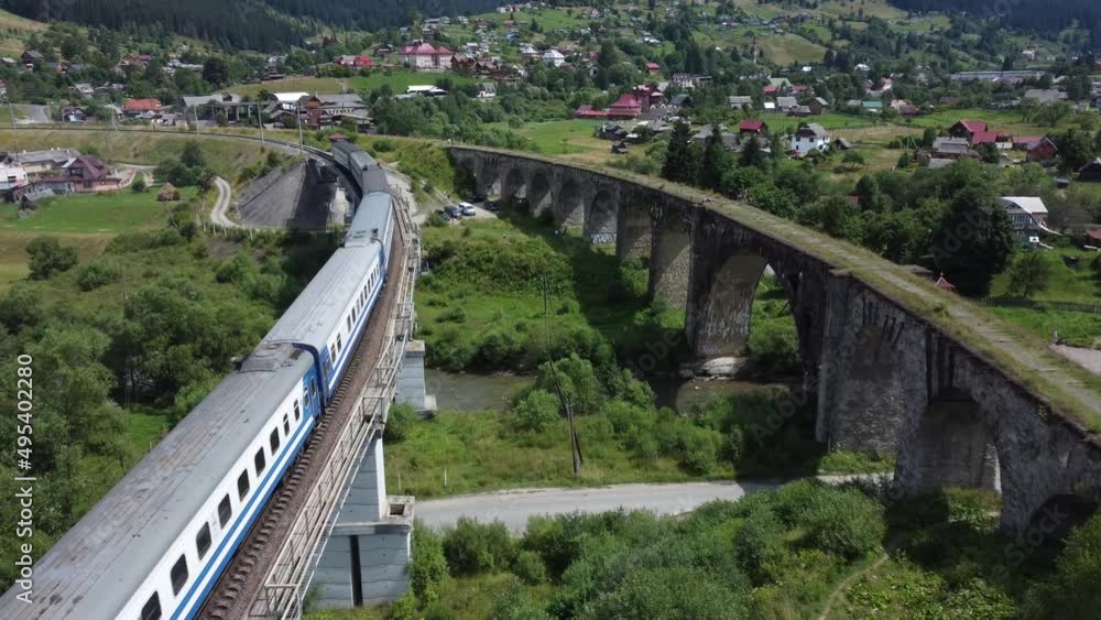 Train in The Carpathian Bridge. Aerial View. Ukraine. Very Beautiful Shot. Train in The Carpathian Bridge. Aerial View. Ukraine. Very Beautiful Shot.