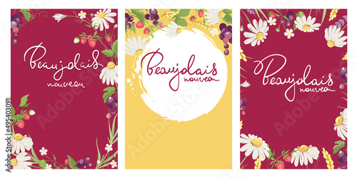 Beaujolais Nouveau wine label set. Vector backgrounds, bouquet of chamomile, strawberry and grapes, summer herbs, calligraphy lettering.