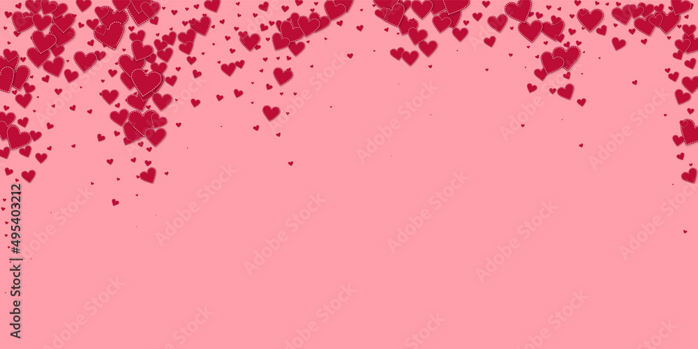 Red heart love confettis. Valentine's day falling rain adorable background. Falling stitched paper hearts confetti on pink background. Energetic vector illustration.
