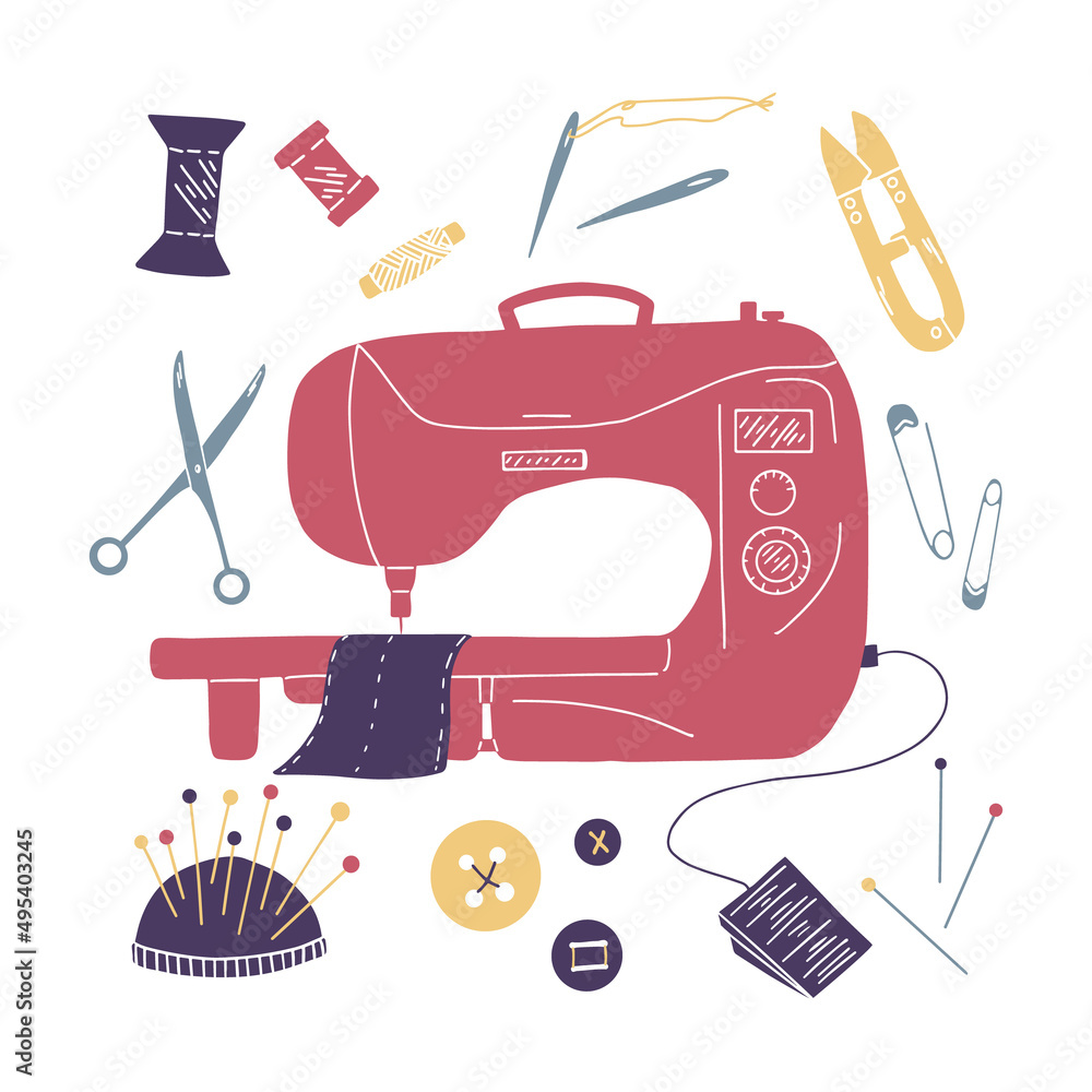 Pack of sewing tools such as sewing machine, scissors, needles, pins, threads, buttons and pincushion on white background.