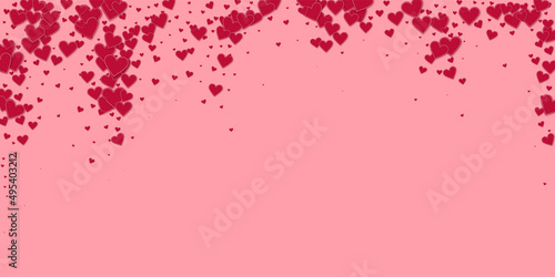 Red heart love confettis. Valentine s day falling rain adorable background. Falling stitched paper hearts confetti on pink background. Energetic vector illustration.
