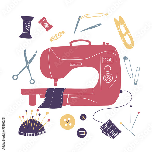 Pack of sewing tools such as sewing machine, scissors, needles, pins, threads, buttons and pincushion on white background.