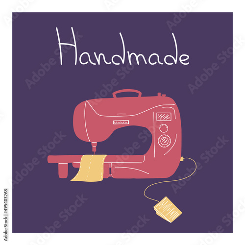 Poster with hand drawn vector sewing machine with lettering on purple background. Lettering handmade.