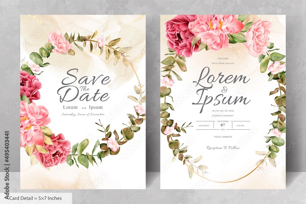 Watercolor Floral Wreath Wedding Invitation Card Template with Realistic Flower and Leaves