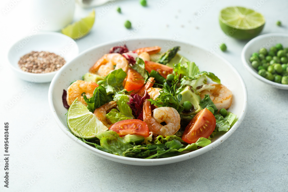 Healthy green salad with shrimps and avocado Healthy green salad with shrimps and avocado
