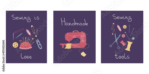 Set of posters with sewing tools and lettering on purple background. Sewing machine, needles, pins, scissors, buttons, threads in hand drawn style. 
