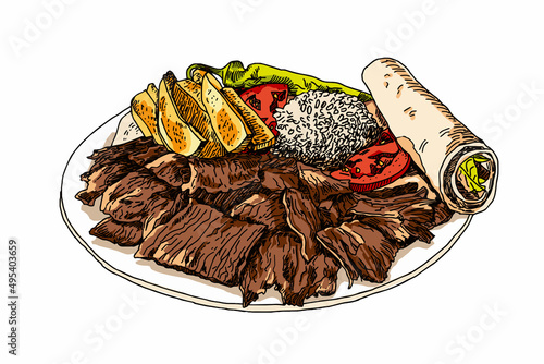 Turkish doner meat french fries tomato rice pepper lavash, Asian oriental national cuisine food. Vector graphics