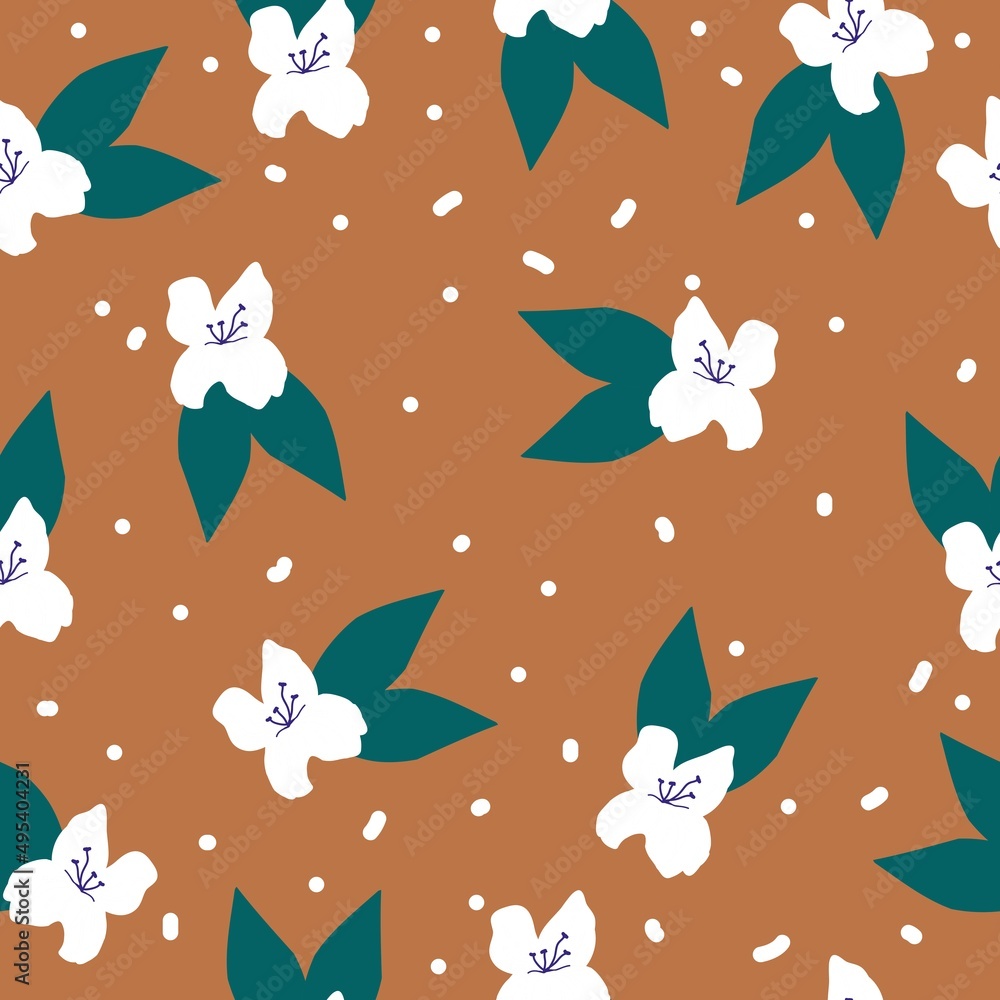 Seamless vintage pattern. White flowers and dots. green leaves. terracotta background. vector texture. fashionable print for textiles, wallpaper and packaging.