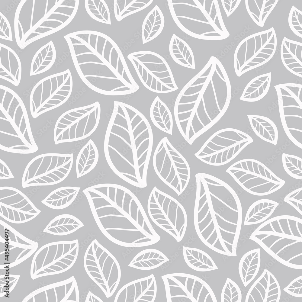 Simple vintage pattern. Gray background, white leaves with veins . Print is well suited for textiles, banners and Wallpapers, packaging.