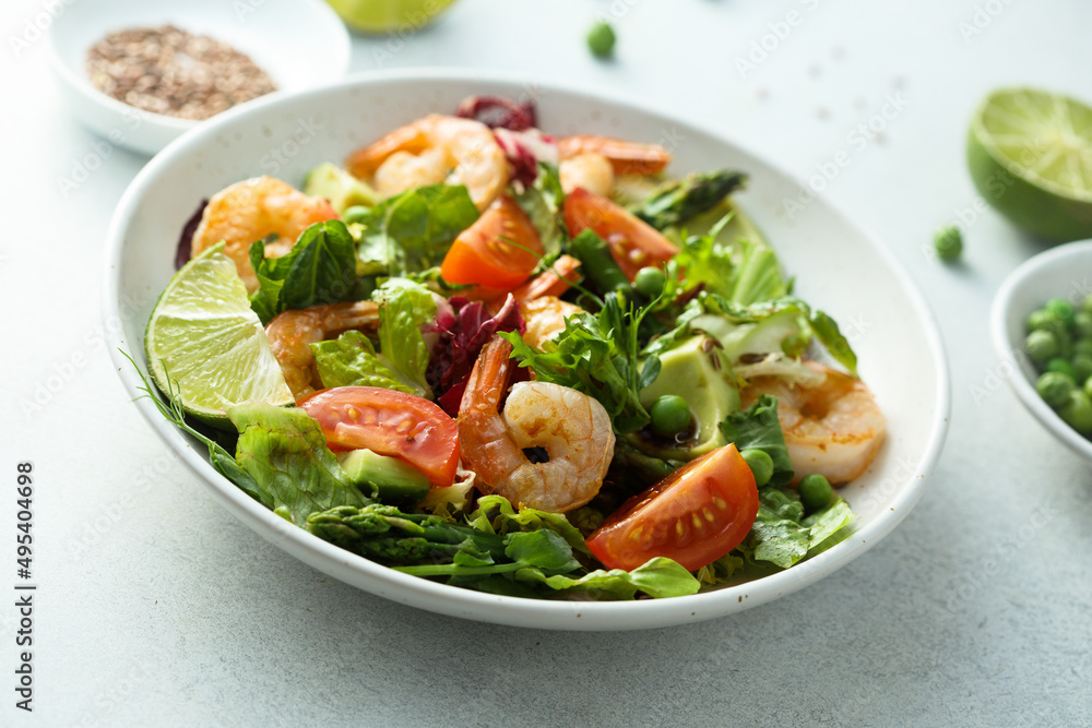 Healthy green salad with shrimps and avocado Healthy green salad with shrimps and avocado