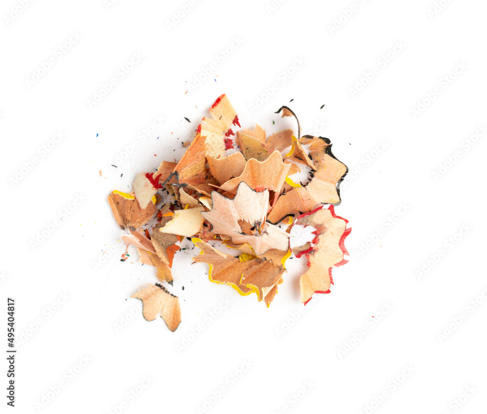 Color wood pencil with sharpening shavings isolated Color wood pencil with sharpening shavings isolated