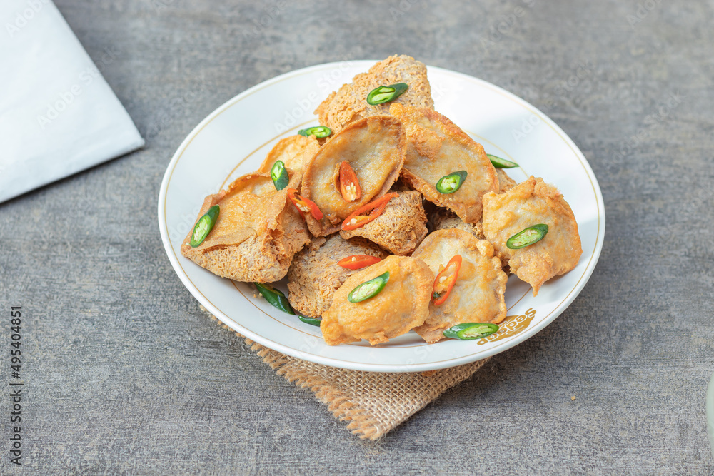 Tahu Walik, Inside Out Crispy Tofu Stuffed with Meatball. Also Known as Bakso Tahu, Popular Street Food from Central Java Tahu Walik, Inside Out Crispy Tofu Stuffed with Meatball. Also Known as Bakso Tahu, Popular Street Food from Central Java