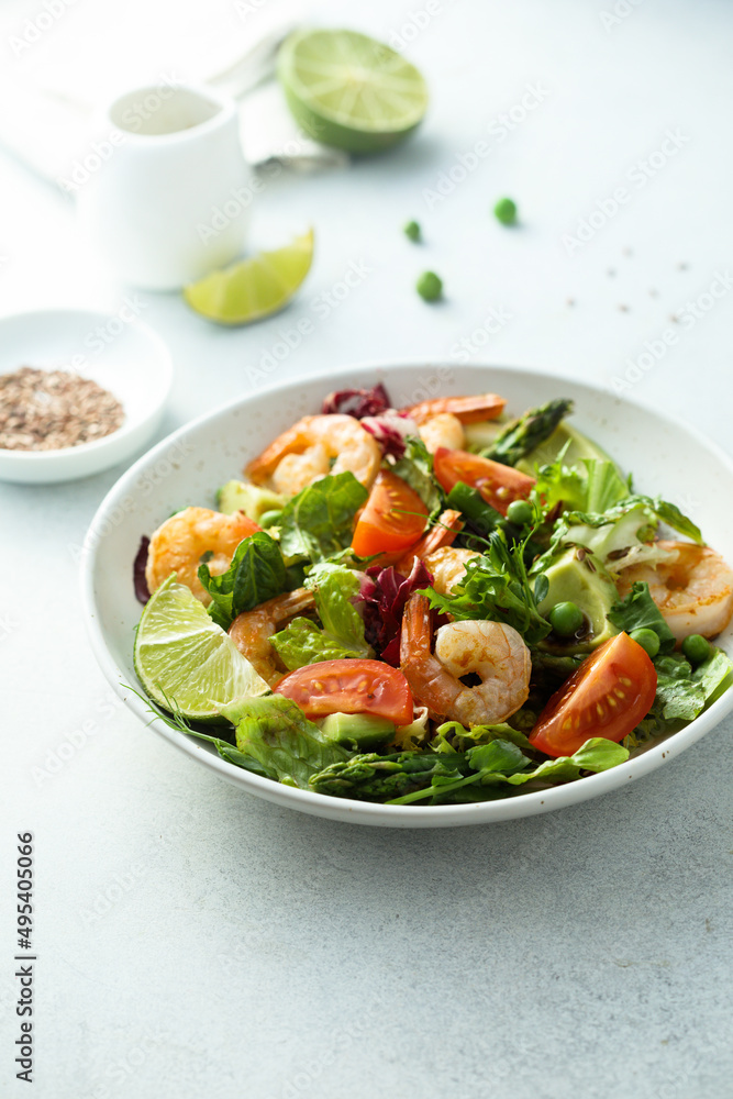 Healthy green salad with shrimps and avocado Healthy green salad with shrimps and avocado