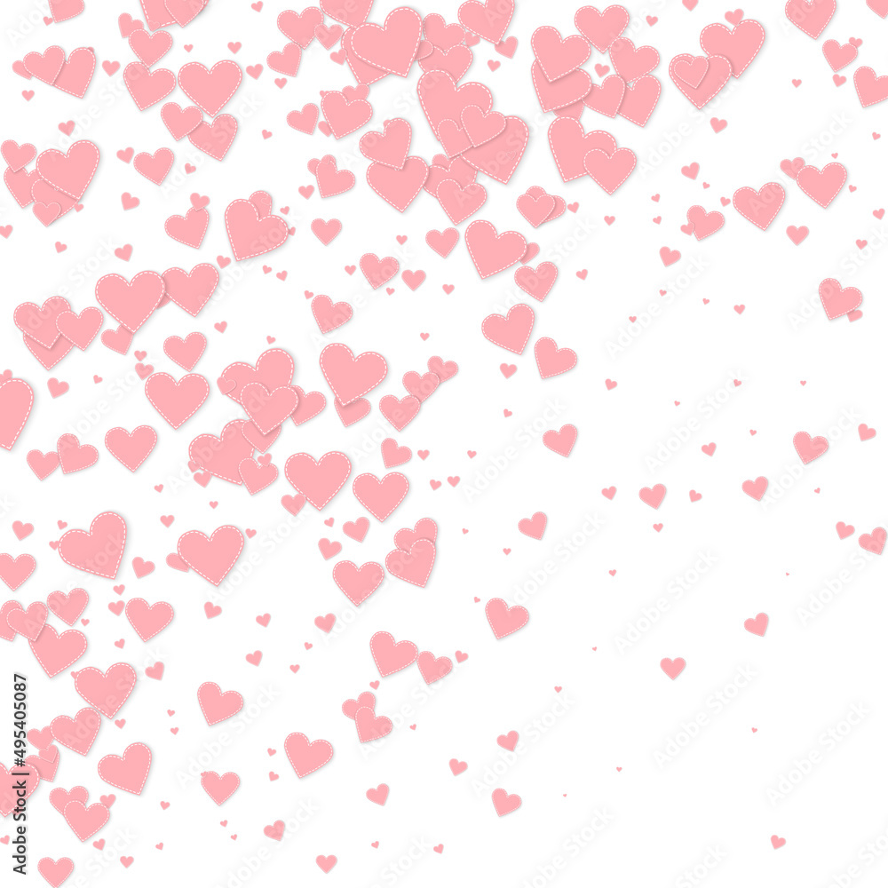 Pink heart love confettis. Valentine's day gradient unusual background. Falling stitched paper hearts confetti on white background. Cute vector illustration.