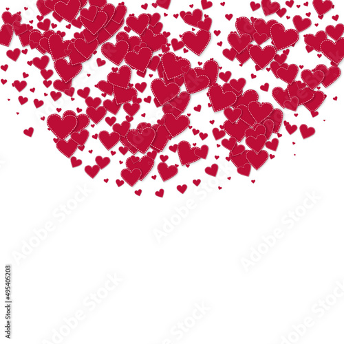 Fototapeta Naklejka Na Ścianę i Meble -  Red heart love confettis. Valentine's day semicircle enchanting background. Falling stitched paper hearts confetti on white background. Dazzling vector illustration.