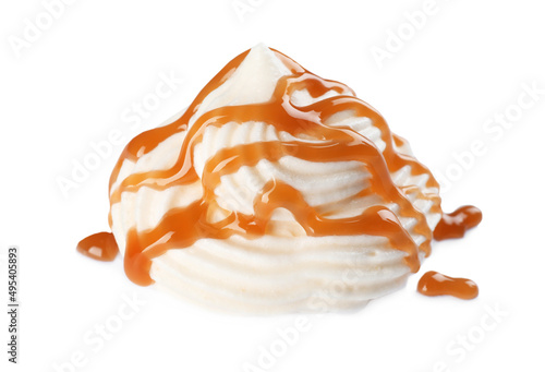 Delicious fresh whipped cream with caramel sauce isolated on white