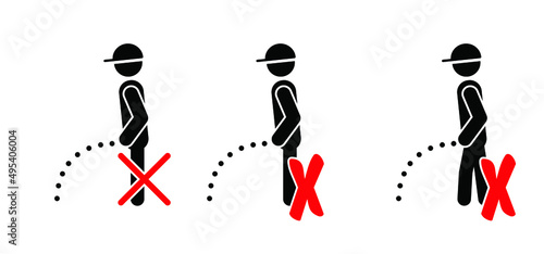 Prohibited no peeing or pee sign Warning no pissing icon. Woman or man is urinating icons .Stream of urine drops. Caution piss symbol.Stop halt allowed. Cartoon vector logo.