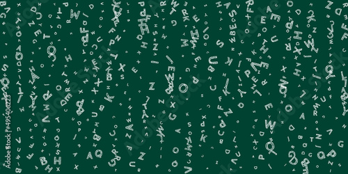 Falling letters of English language. Chalk handdrawn flying words of Latin alphabet. Foreign languages study concept. Ecstatic back to school banner on blackboard background.
