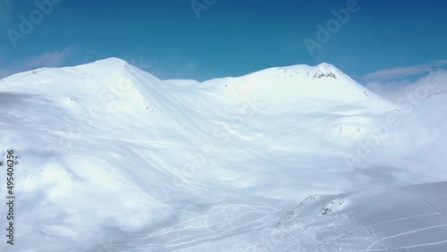 Beautiful Snowy Mountains in Gudauri, Aerial View. Georgia. 2022