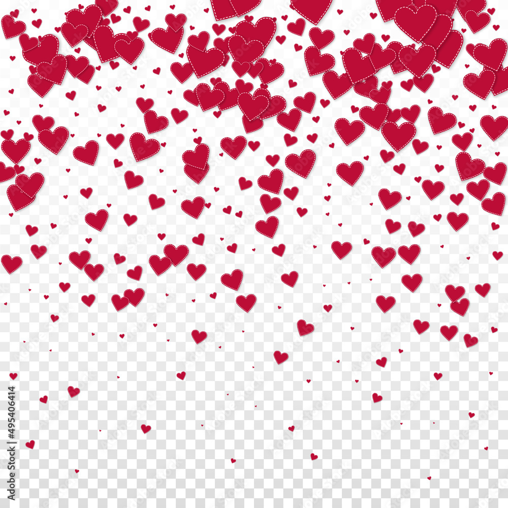 Red heart love confettis. Valentine's day gradient uncommon background. Falling stitched paper hearts confetti on transparent background. Exotic vector illustration.