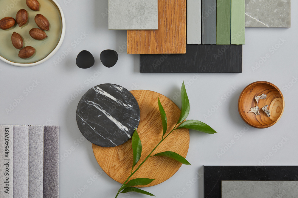 Elegant architect moodboard flat lay composition in light grey, black ...