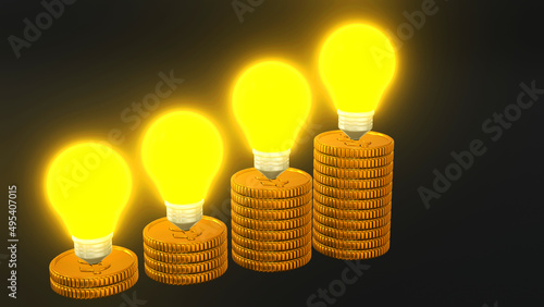 Golden coins with light bulb. 3D renderring photo