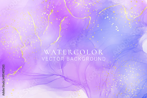 Violet lavender liquid watercolor marble background with golden lines. Pastel purple periwinkle alcohol ink drawing effect. Vector illustration design template for wedding invitation, menu, rsvp