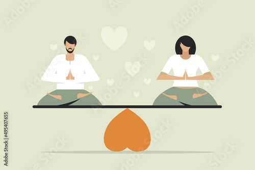 Conceptual illustration of a meditating man and woman sitting on a wooden plank balancing over a love symbol