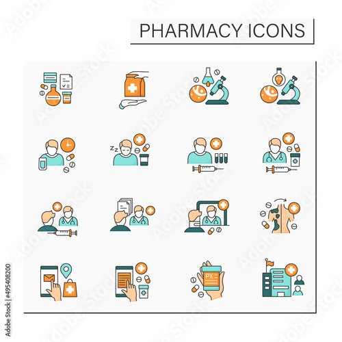 Pharmacy color icons set. Dispensing medical drugs. Research and development. Healthcare concept. Isolated vector illustrations