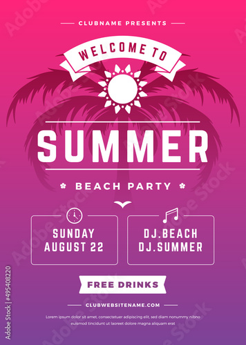 Summer holidays beach party flyer typography night club event label design. Vector illustration good for posters or flyers.