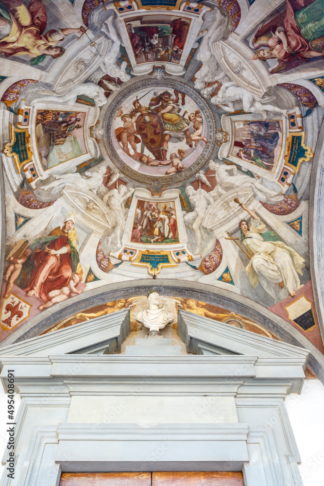 Colorful ceiling of the Basilica della Santissima Annunziata is a Renaissance-style, Catholic minor basilica in Florence, region of Tuscany, Italy