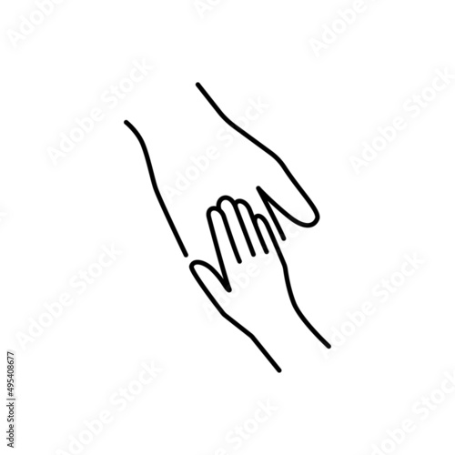 Helping hand, charity, solidarity linear icon. Symbol of interaction, helping children, volunteer. Design element for logo. Black vector outline icon