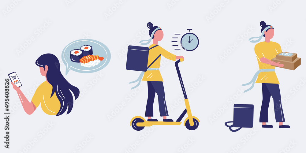 SET OF fast DELIVERY MEAL SUSHI. Infographic with courier, customer, boxes, bike. Shopping website on a mobile. Online food order concept. SET OF fast DELIVERY MEAL SUSHI. Infographic with courier, customer, boxes, bike. Shopping website on a mobile. Online food order concept.
