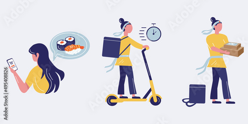 SET OF  fast DELIVERY MEAL SUSHI.  Infographic with courier, customer, boxes, bike. Shopping website on a mobile. Online food order concept. 