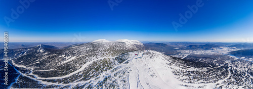 Aerial top view Panorama Sheregesh ski lift resort winter, mountain and hotels, Russia Kemerovo region