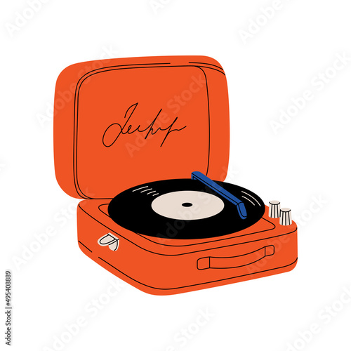Vintage turntable. Music player for vinyl records. Red retro music concept. Hand drawn colorful vector illustration isolated on white background in modern trendy flat cartoon style.