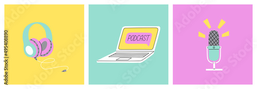 Set of podcast stuff. Microphone, laptop, headphone. Concept of broadcast recording and listening, online radio. Hand drawn vector illustration isolated on multicolored background. Flat cartoon style