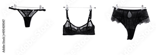 Banner lingerie lace sexy black woman underwear on white isolated background top view