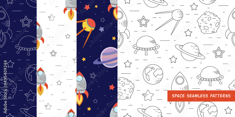 Set seamless pattern of planets, rockets and stars Set seamless pattern of planets, rockets and stars