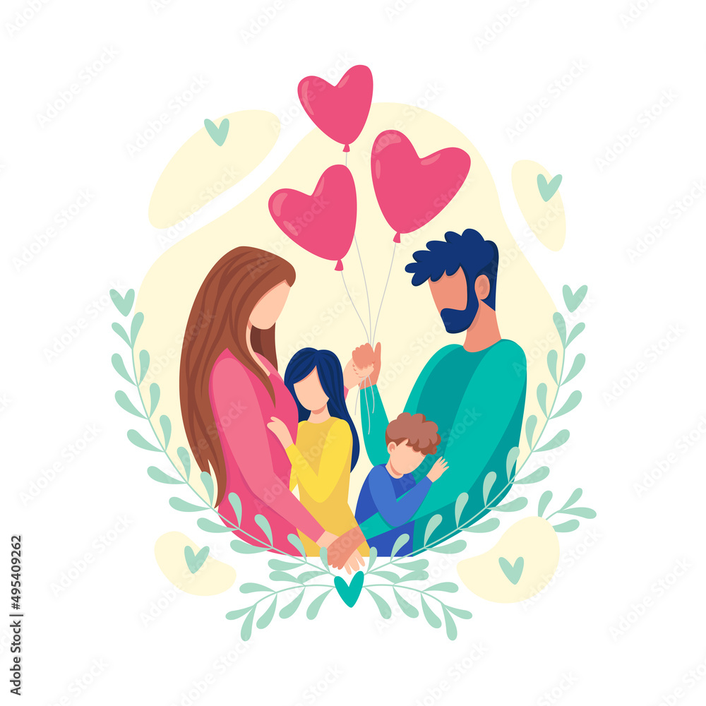 Family together. Dad, mom, daughter, son hugging. Love, family. Vector flat illustration Family together. Dad, mom, daughter, son hugging. Love, family. Vector flat illustration