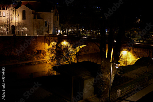 Amarante (Portugal), March 14, 2022. Bridge over the Támega River and night view of the city. Amarante belongs to the district of Porto and has 12,000 inhabitants