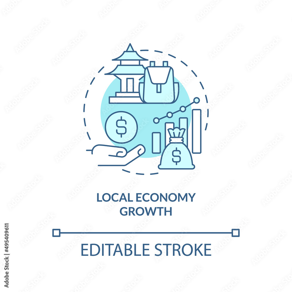Local economy growth turquoise concept icon. Tourists engaging. Conservation policy abstract idea thin line illustration. Isolated outline drawing. Editable stroke. Arial, Myriad Pro-Bold fonts used